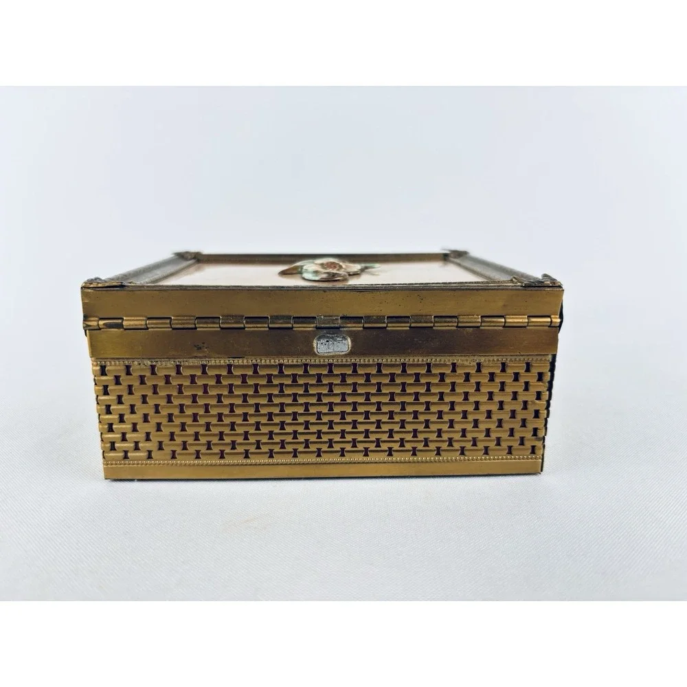 Vintage Metal Brass Jewelry Box With Floral Insert - Trinket Keeper